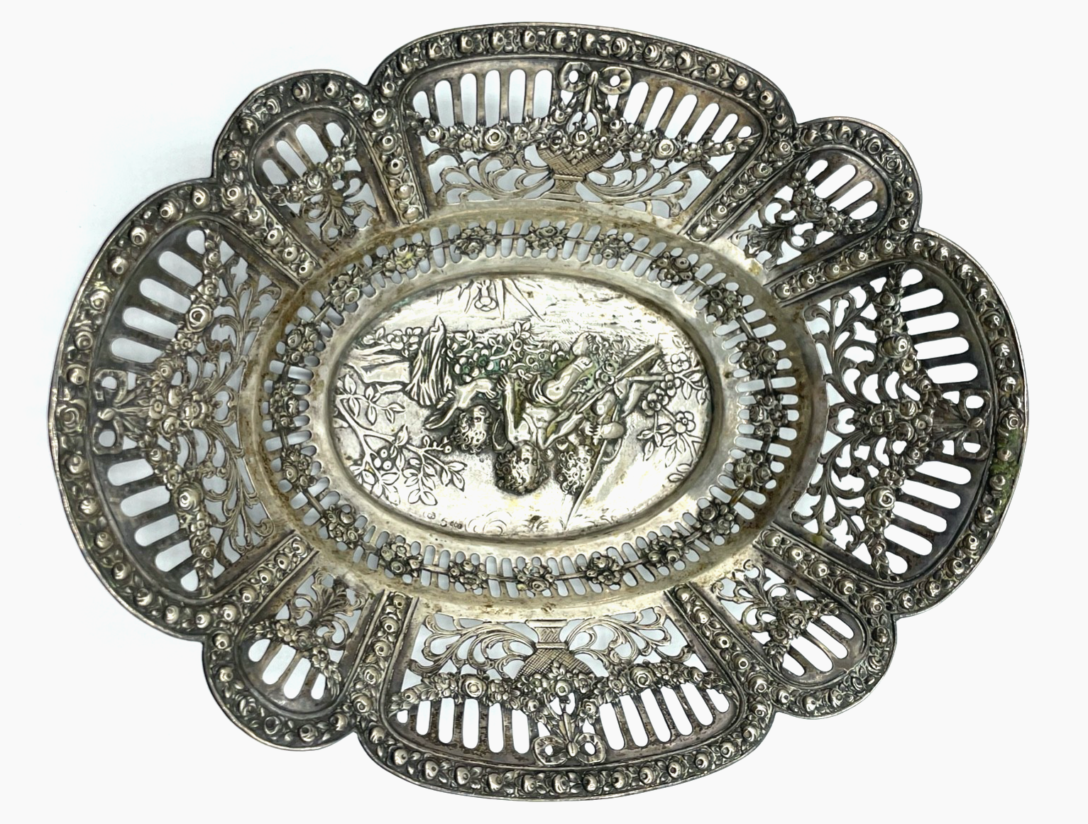 Antik 800 Silber Körbchen Anbietschale Durchbruch Putten Rosen Dekor L 21,2 cm8