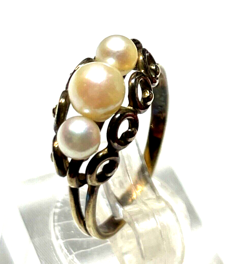 Antik 333 Gold 8 K Ring 3 x echte Perle 17 mm RG 54 Juwelier aparte Fassung1