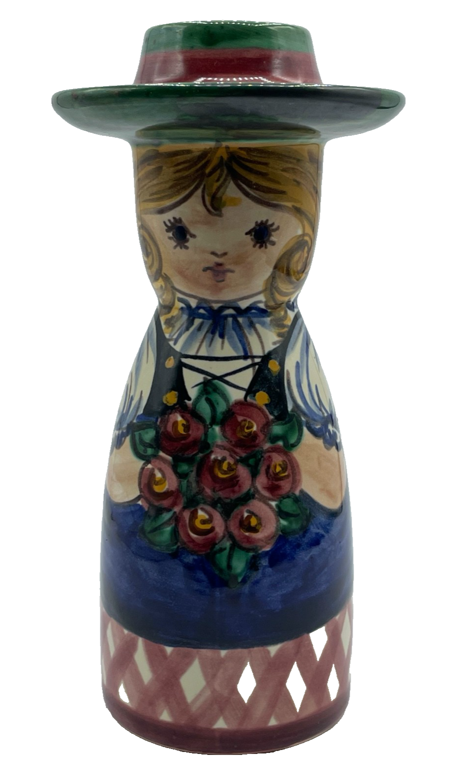 Vintage Art Pottery Kerzenhalter Leuchter Frau in Tracht Handbemalt H 21 cm1