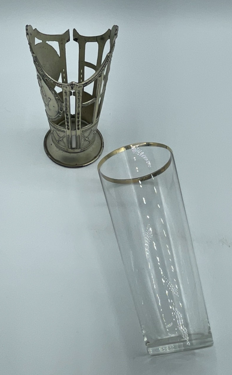 Antik Jugendstil Glas in versilberter Metall Montur mit Flötistin + Putte Engel7
