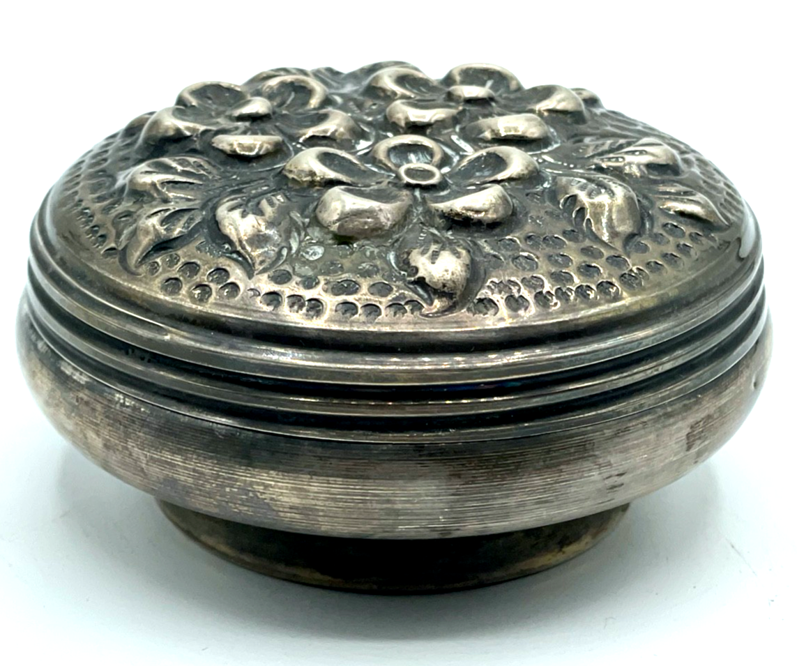 Antik 900 Silber Dose Deckeldose floral Dekor halbplastisch Ø ca. 75 mm 47,12 Gr7