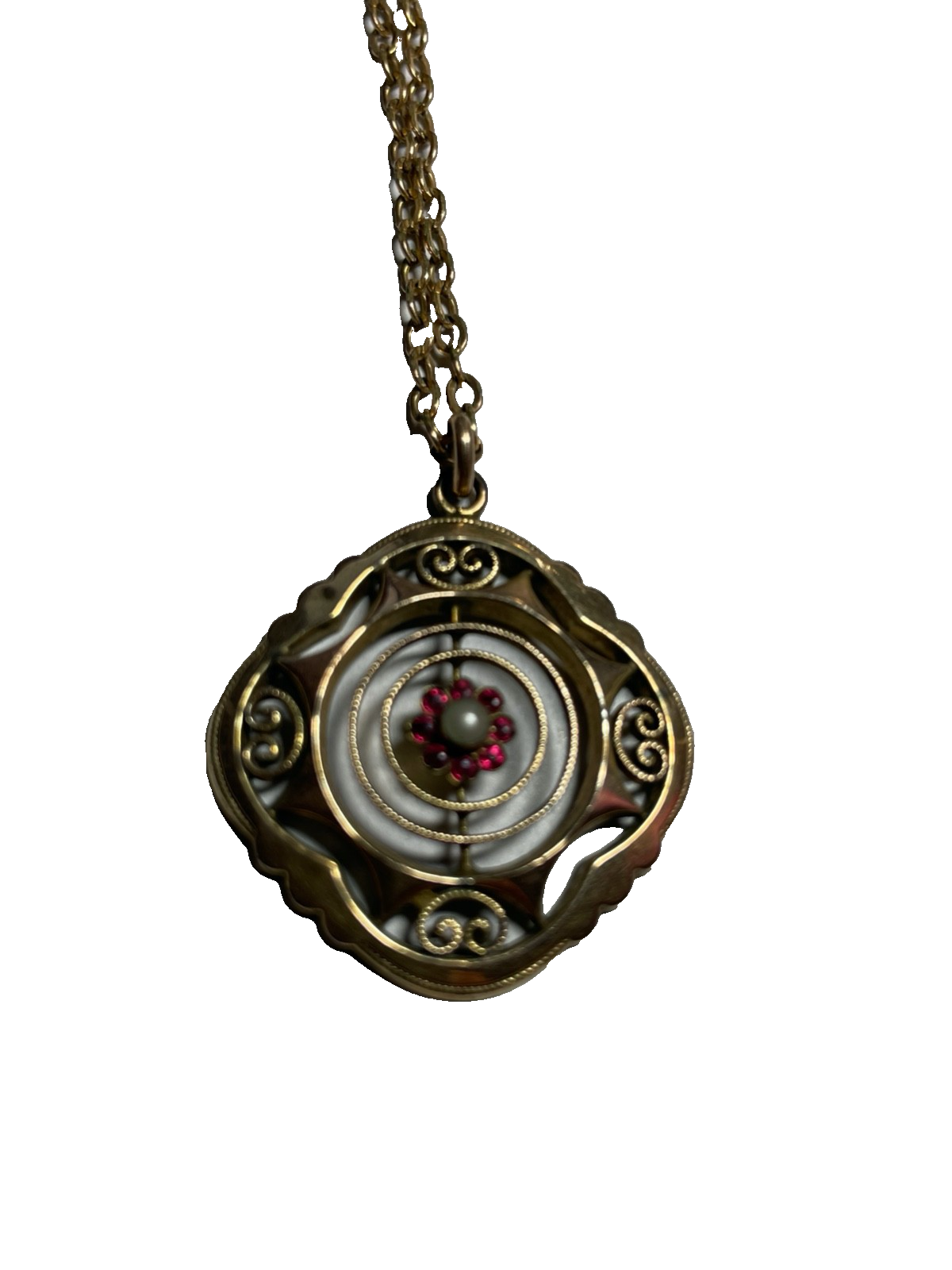 Jugendstil Anhänger mit Kette Rotgold farbig Golddouble Farbsteinchen Perle gepf4