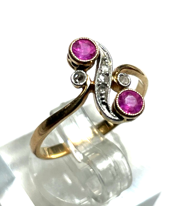 Aparter antik Roségold 585 Ring Rubin Diamant Rosen Ø 16,9 mm RG 53 Juwelier1
