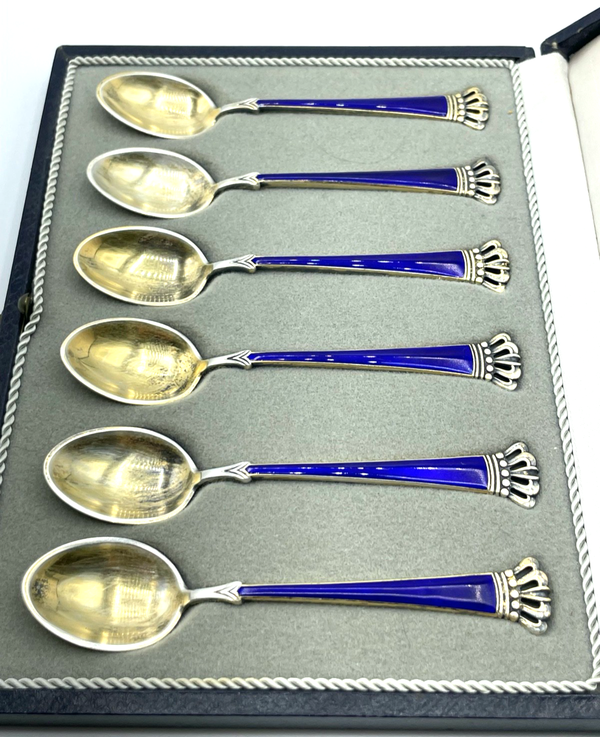 Ela Denmark Sterling Silber 6 Espresso Löffel Set Krone Emaille Etui vergoldet2
