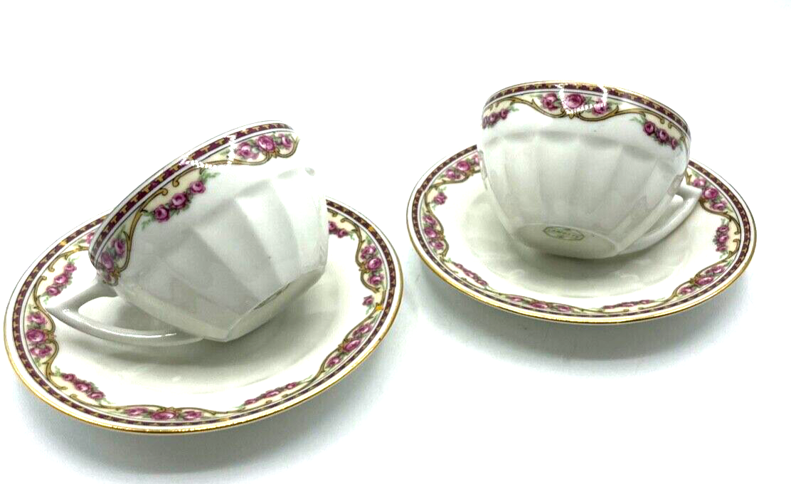 2x antik Porzellan Tasse + Unterteller Lamotte France Motiv Rose Ranke 30erJ rar3