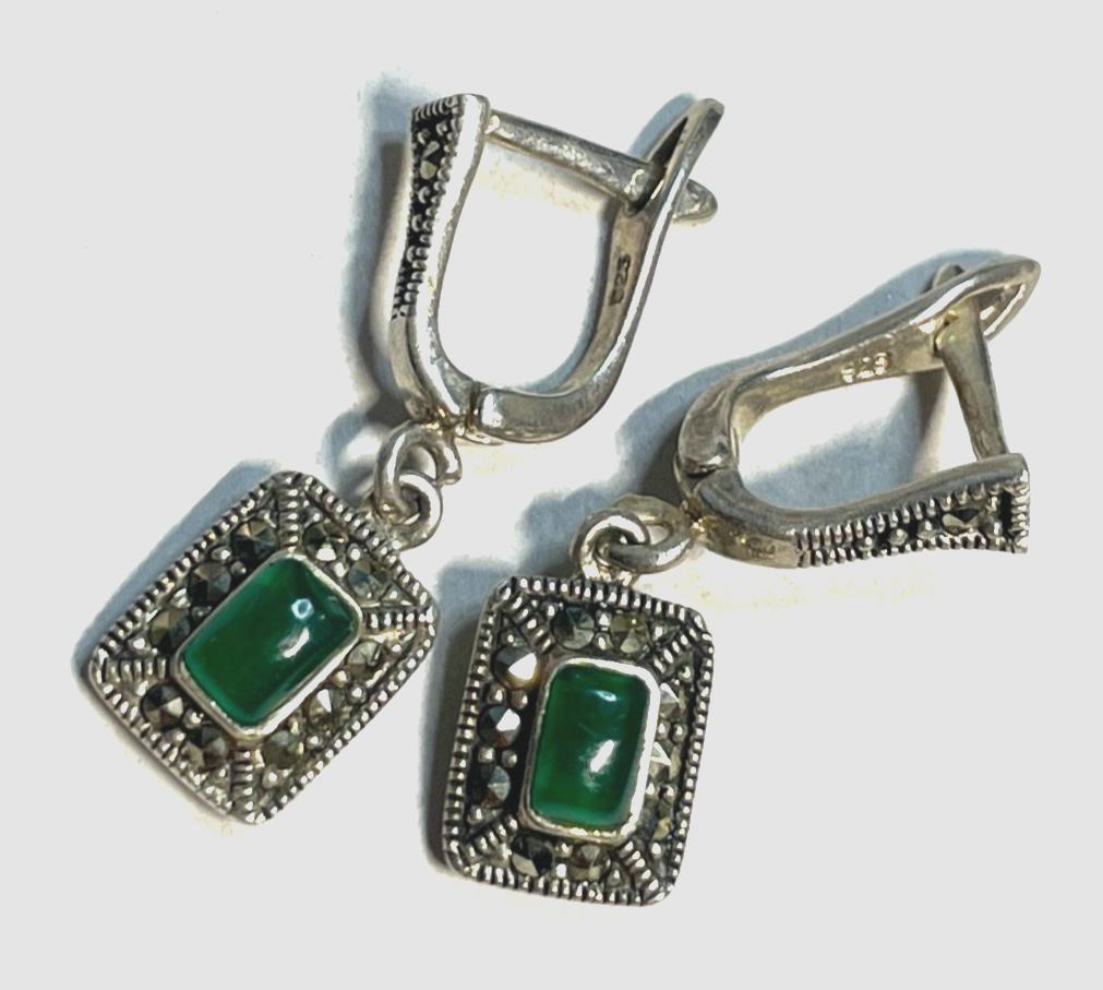 Solide 925 Silber Ohrringe Ohrhänger grüner Farbstein + Markasit im Antikstil4