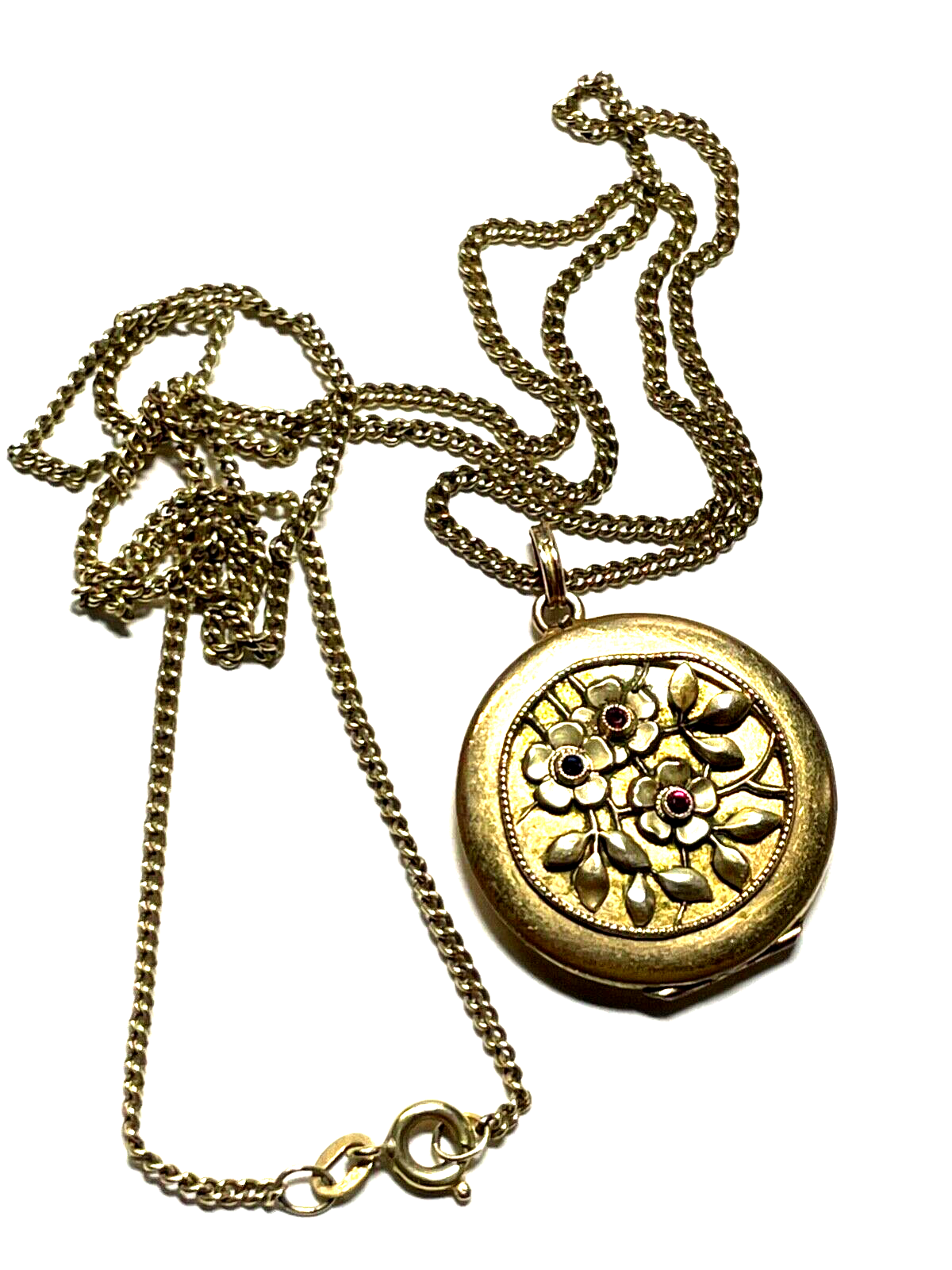 Antik Medaillon Anhänger Golddouble Farbsteine + Kette um 1900 Edelweiß Inlay7