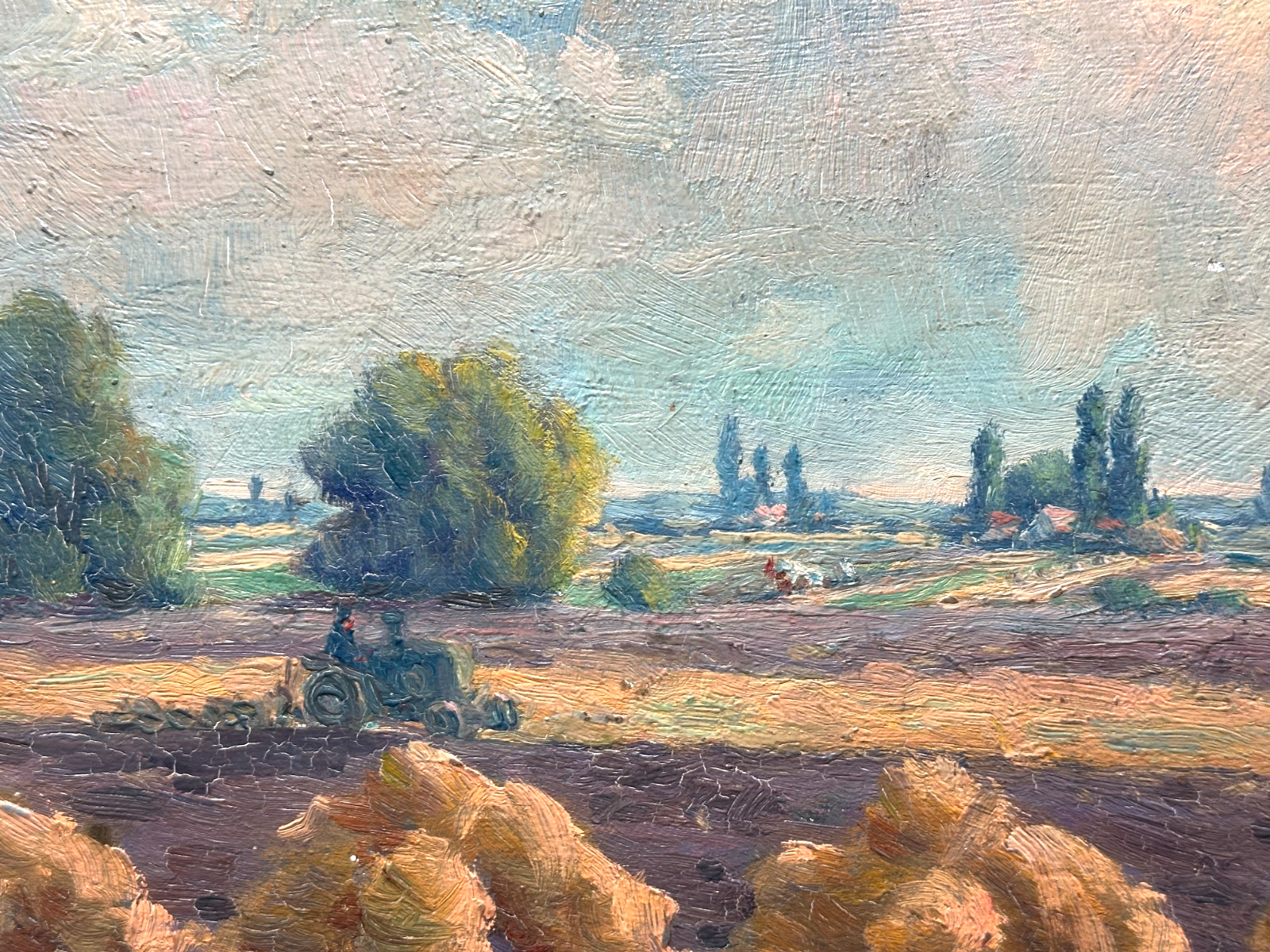 Ölgemälde – Landschaft mit Erntehocken & Traktor, signiert W…, ca. Mitte 20. Jh2