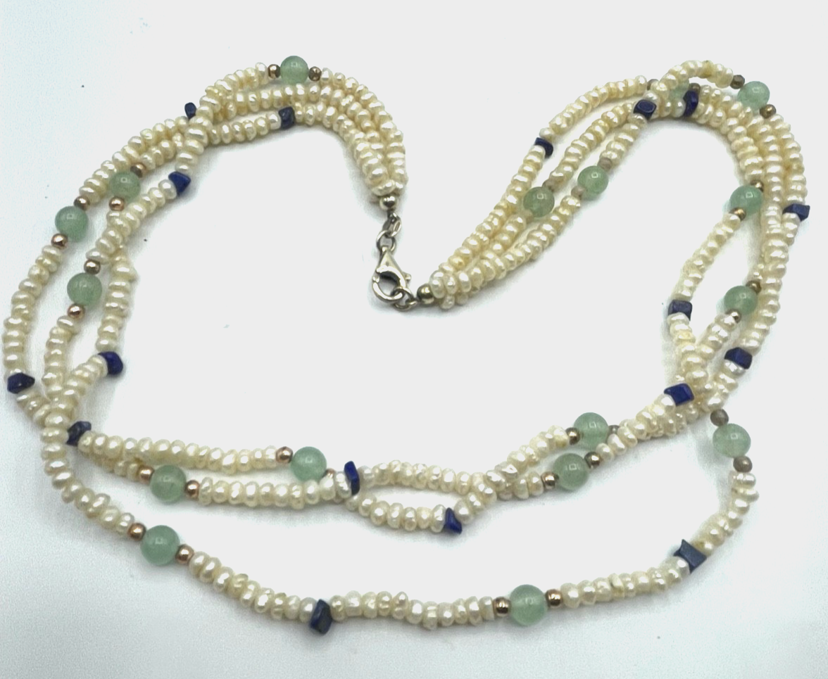 Sommer Kette Biwa Perlen Aquamarin Lapislazuli 925 Silber vergoldet  45,5 cm3