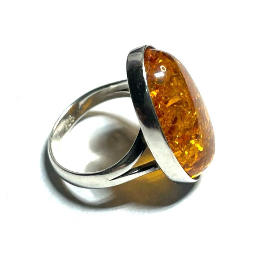 925 Silber Ring ovaler Bernstein Cabochon RG 59 Ø 18,8 solide Qualität gepflegt5