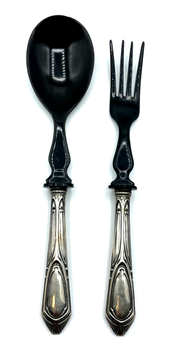 Antik Jugendstil Vorleger Salatbesteck 800 Silber + schwarzes Horn gepflegt0
