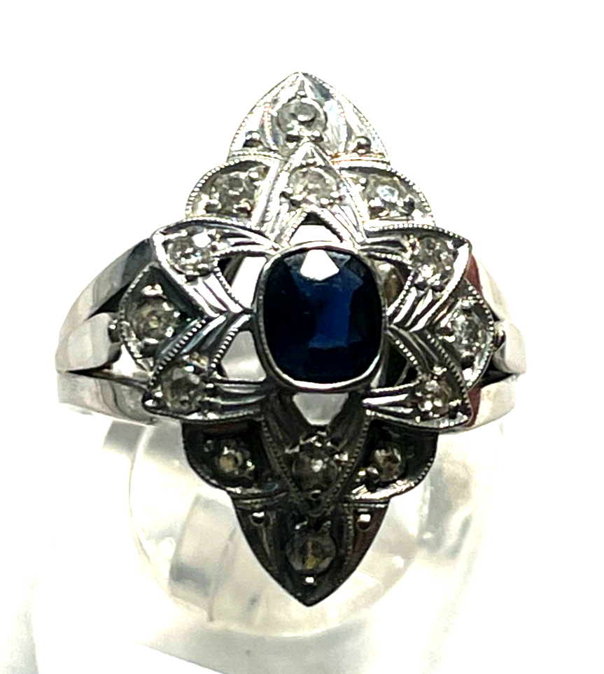 750 Gold Ring Weißgold Art Déco 14 Altschliff Brillanten + Saphir Juwelier3