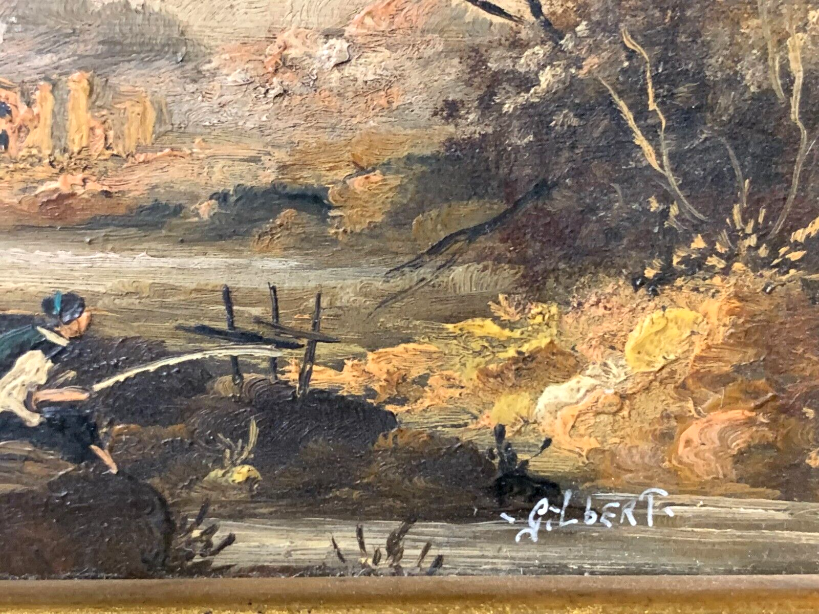 Öl auf Messingplatte - Landschaftsbild + Angler - Miniatur - gerahmt & signiert5