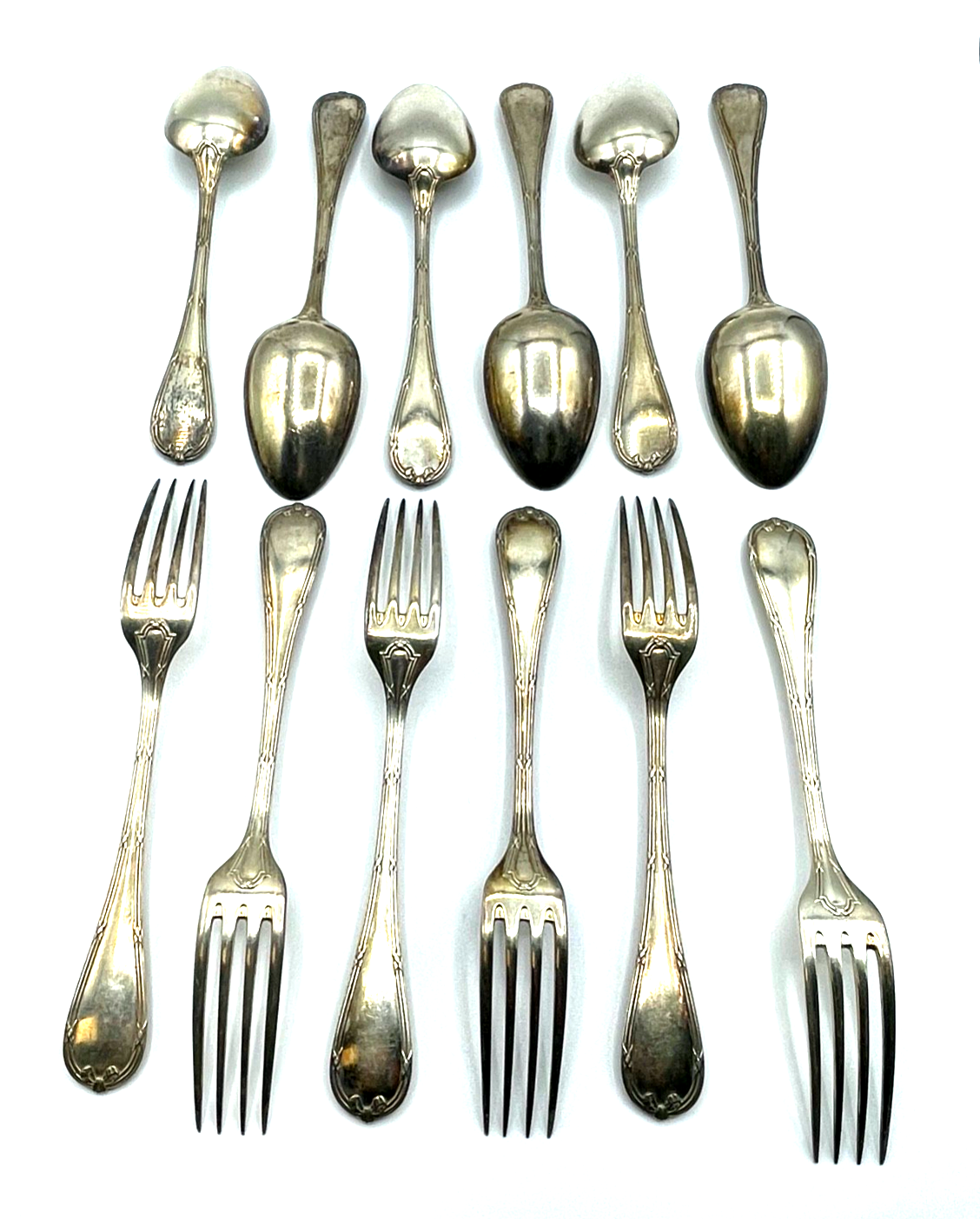 Antik Christofle 6 Gabeln 6 Löffel Rubans Kreuzband Muster versilbert rar7