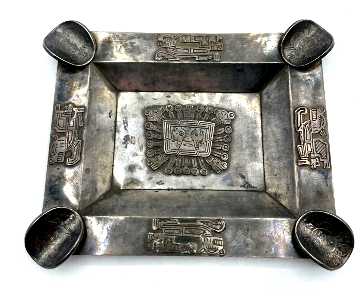 Vintage Silber Ascher Aschenbecher Maya Azteken Inka Motiv  70 Gr. Handarbeit0