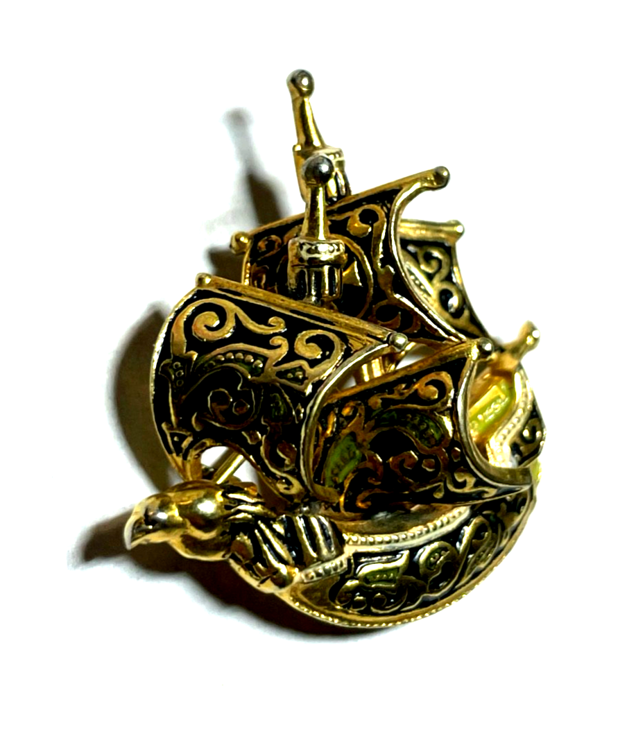 Vintage Toledo Brosche  Anstecknadel Schiff  Damaszener Handarbeit vergoldet rar2