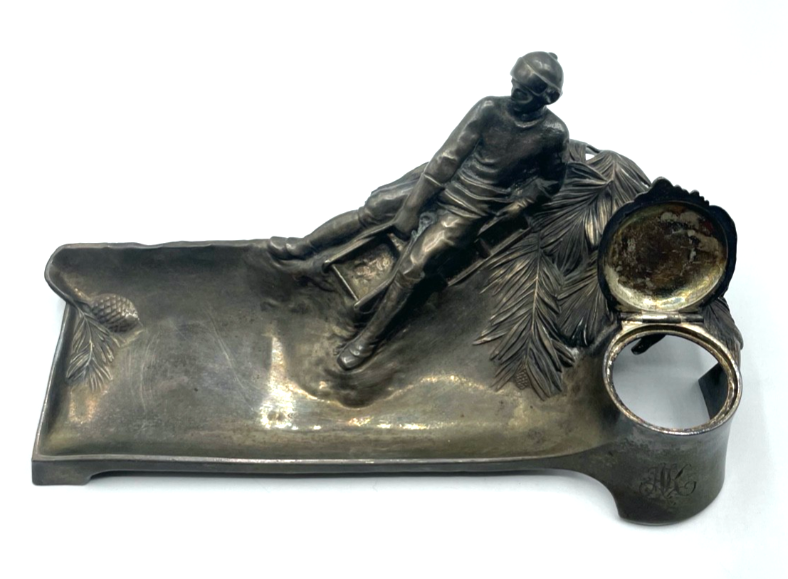 Jugendstil WMF dekorative Schreibtisch Auflage Tintenfass Rodler Schlittenfahrt2
