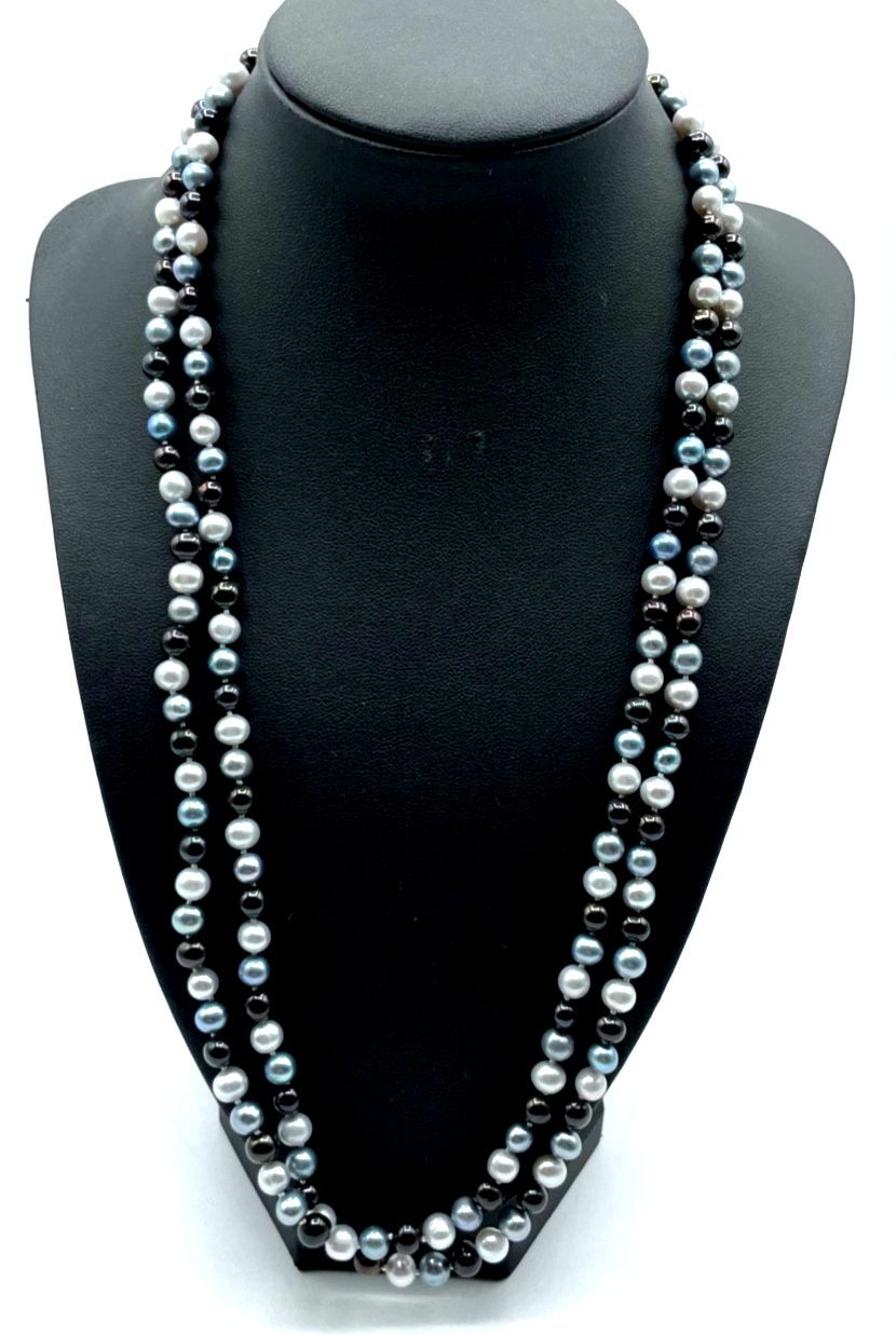 SWZ Perlen Perlenkette Endloskette 3 farbig grau silber schwarz  L 120 cm Ø 6 mm0