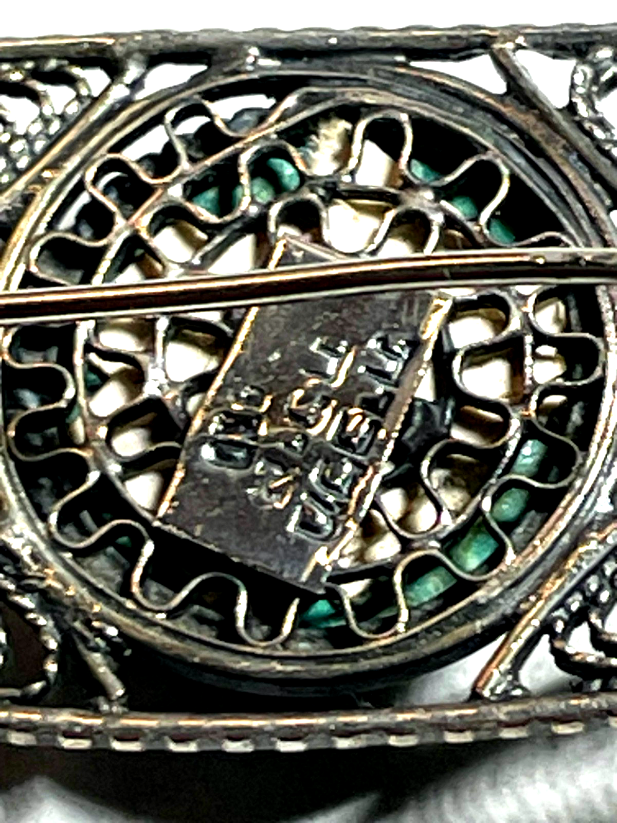 Vintage filigrane 930 Silber Brosche mit rundem Eilat Cabochon Handarbeit5