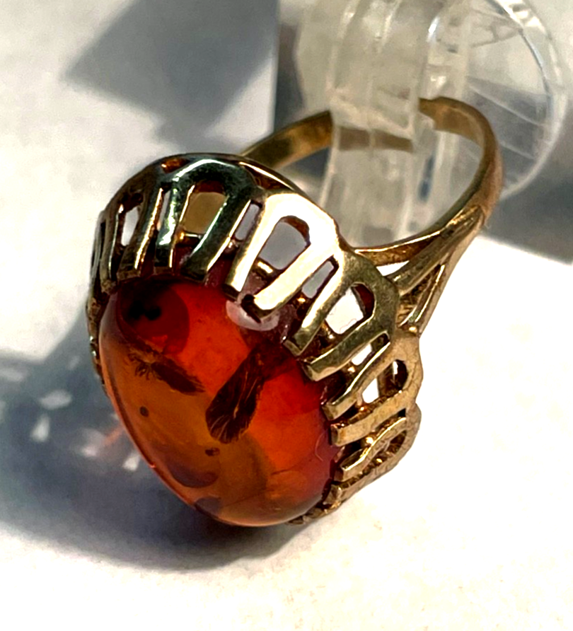 Vintage 333 Gold 8 K Ring Bernstein Cabochon Etagen Fassung Ø 17 mm RG 546