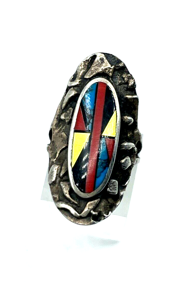 925 Sterling Silber Ring Zuni Indianerschmuck Edelstein Inlay Handarbeit Ø 16mm2