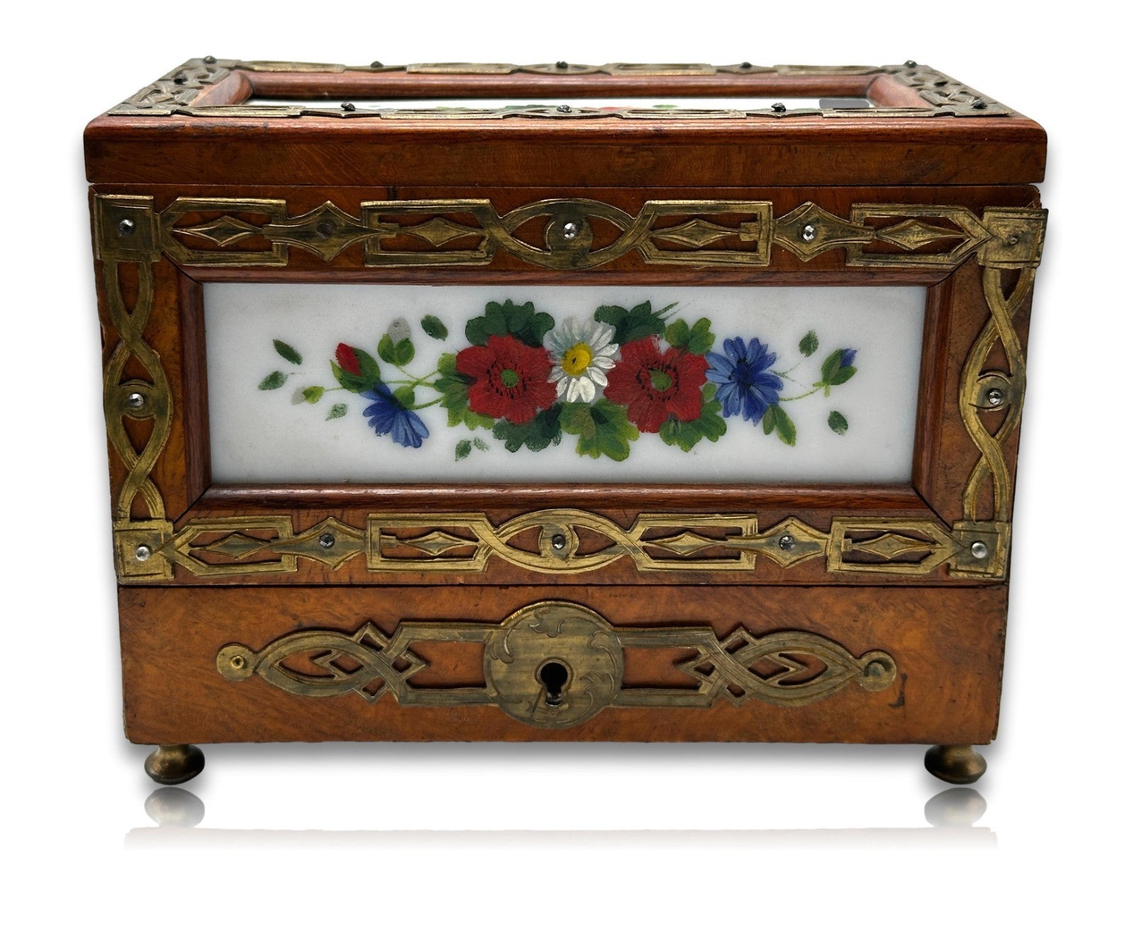 Jugendstil - Reisetantalus um 1900 Nussfurnier Messing Porzellan 3 Flakons antik7