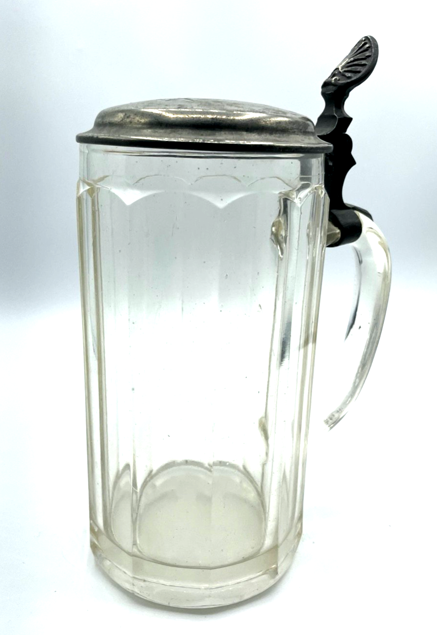 Antik dekorativ Pressglas Bierkrug 1 Liter mit Zinndeckel um 1900 Dachbodenfund1