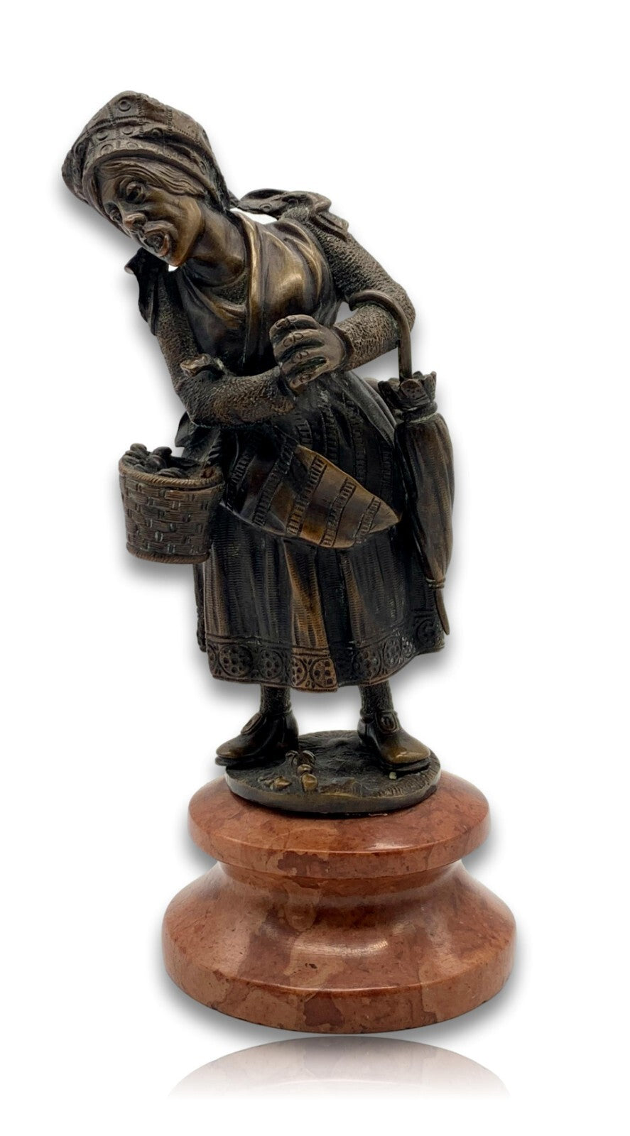 Bronze Figur Skulptur - Marmorsockel - Frau mit Korb - patiniert0