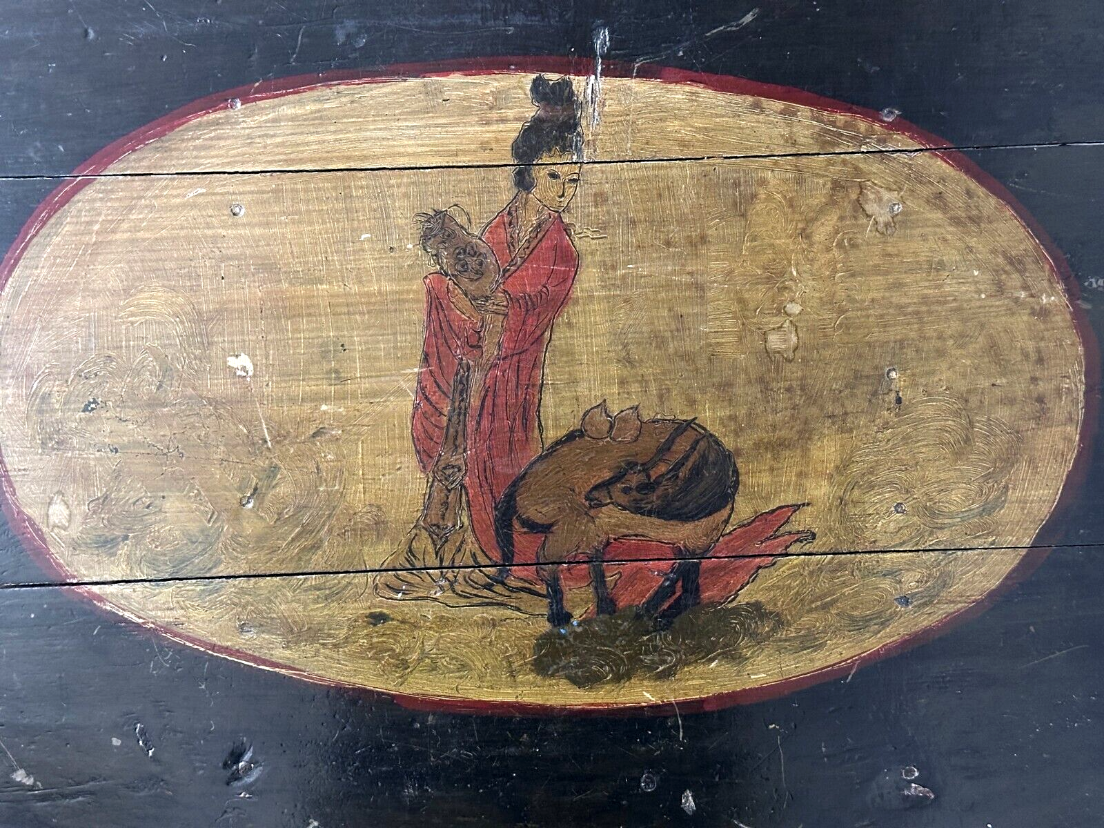 Japanisches Lacktablett mit Malerei - Geisha und Kirin - Mythologie - 18802