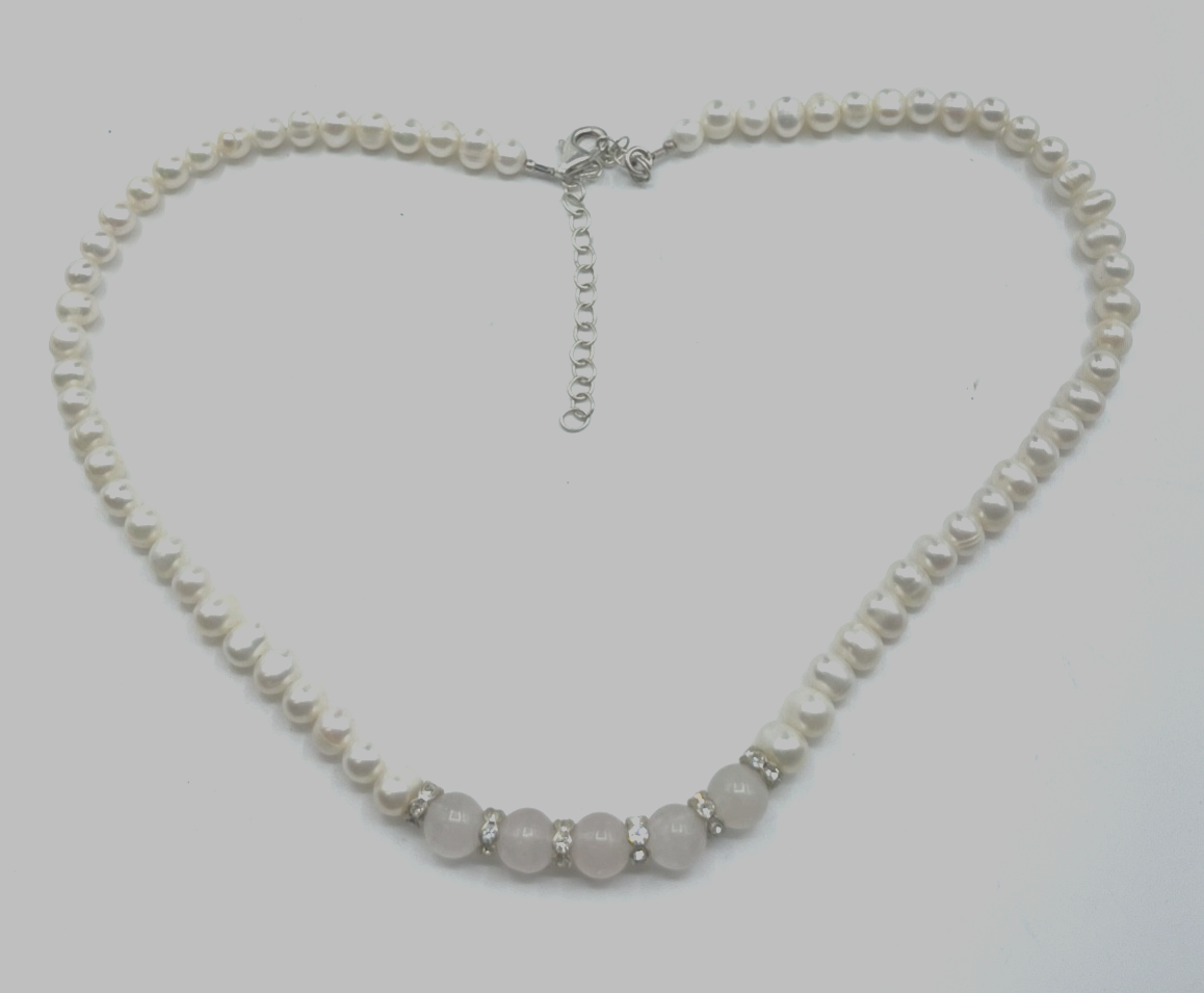 Elegante 925 Silber SWZ Perlen + Rosenquarz Kette L45,5-53 cm Ø 8,5 mmTopzustand5