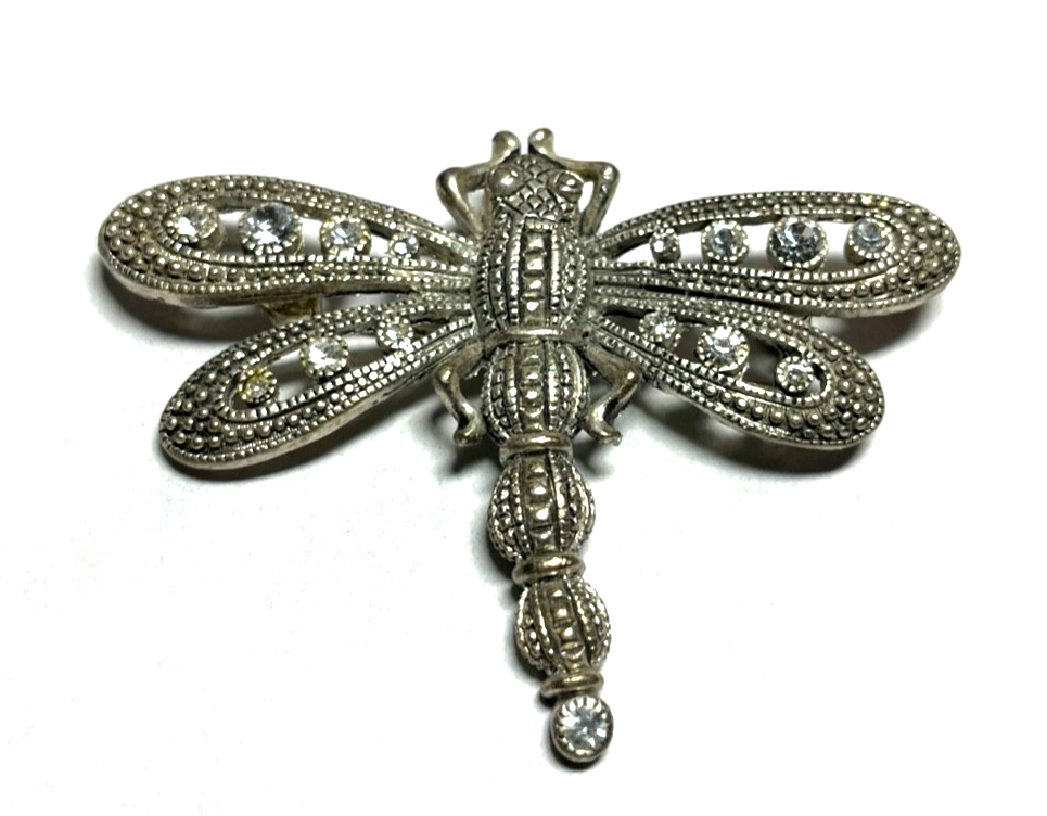 Vintage Modeschmuck Brosche große silberfarbige Libelle Dragonfly mit Strass0