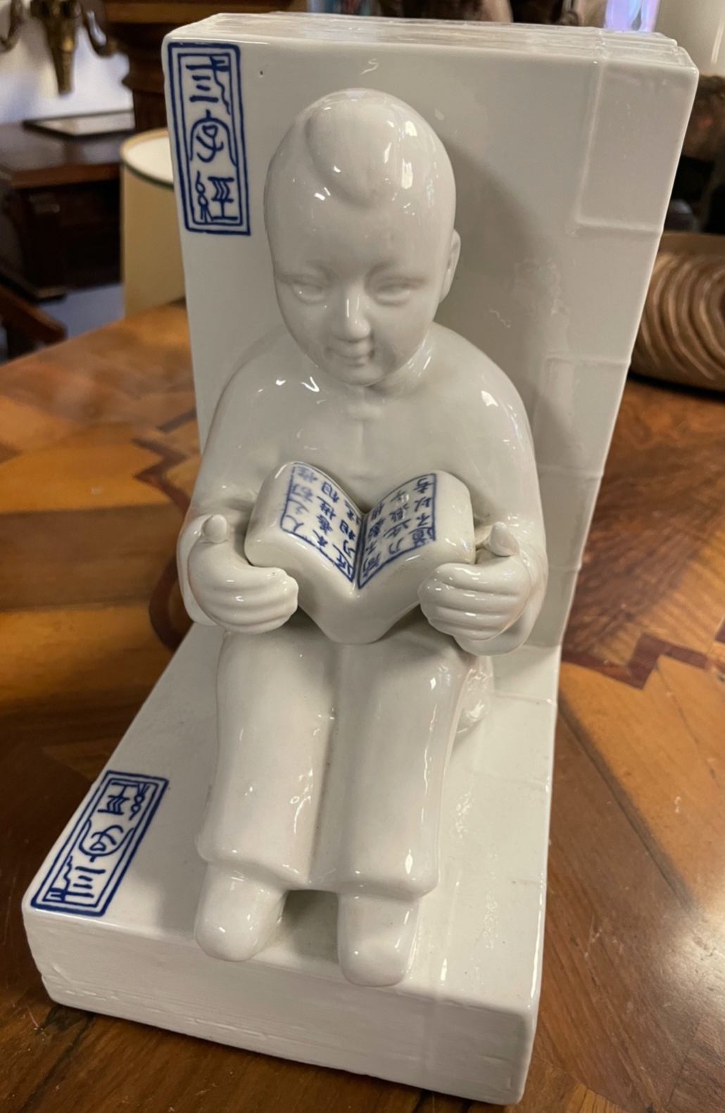 Gr. schwere figürliche Porzellan Buchstützen asiatische Kinder Weiß Blau 4,8 KG2