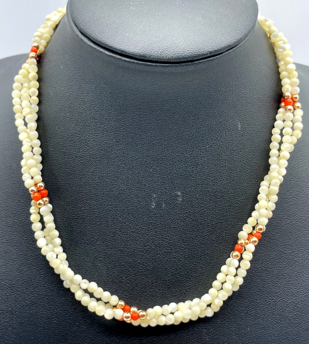 Vintage Collier Perlmutt + Koralle 3 reihige Halskette 50erJ l 38,5 cm B 10 mm0