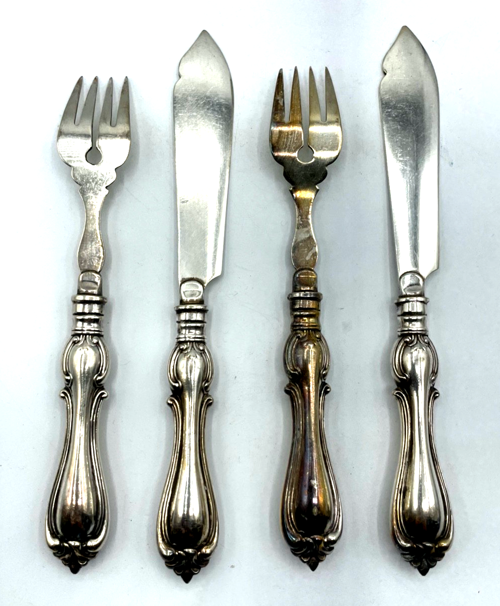 Antik WMF 2 Gabel + 2 Messer Fischbesteck wunderschönes Dekor um 1900 gepfl.2
