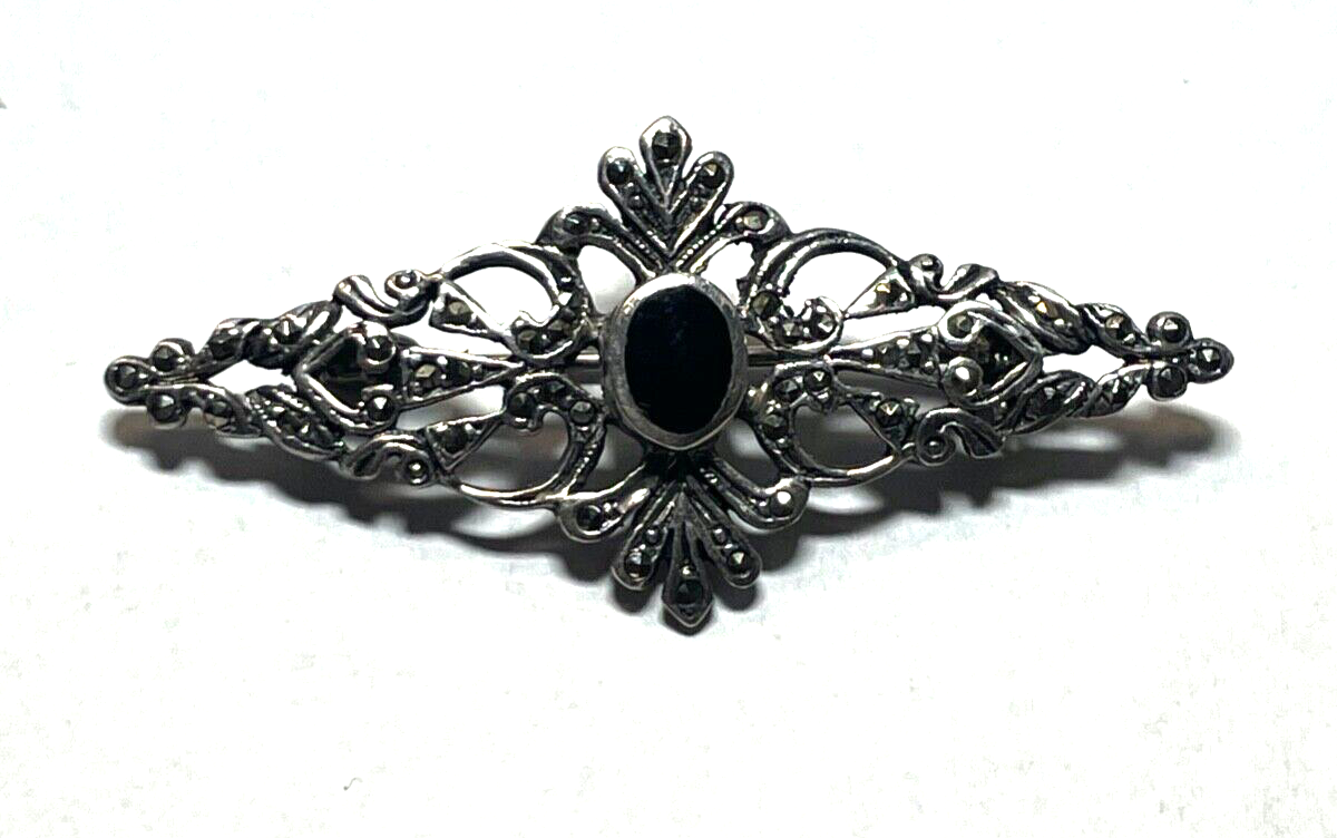 925 Sterling Silber Brosche Onyx Markasit im Antikstil Handarbeit apart L 53 mm3