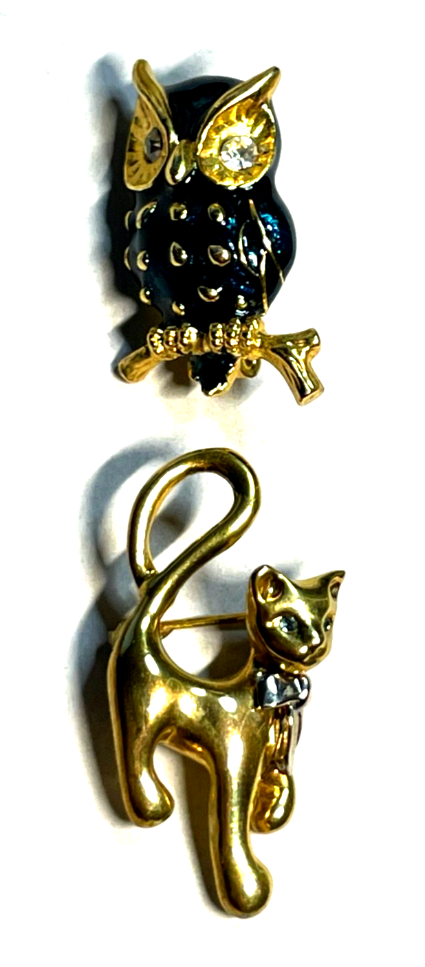 2x vintage Modeschmuck Brosche Anstecknadel Eule + Katze mit Swarovski Kristall4