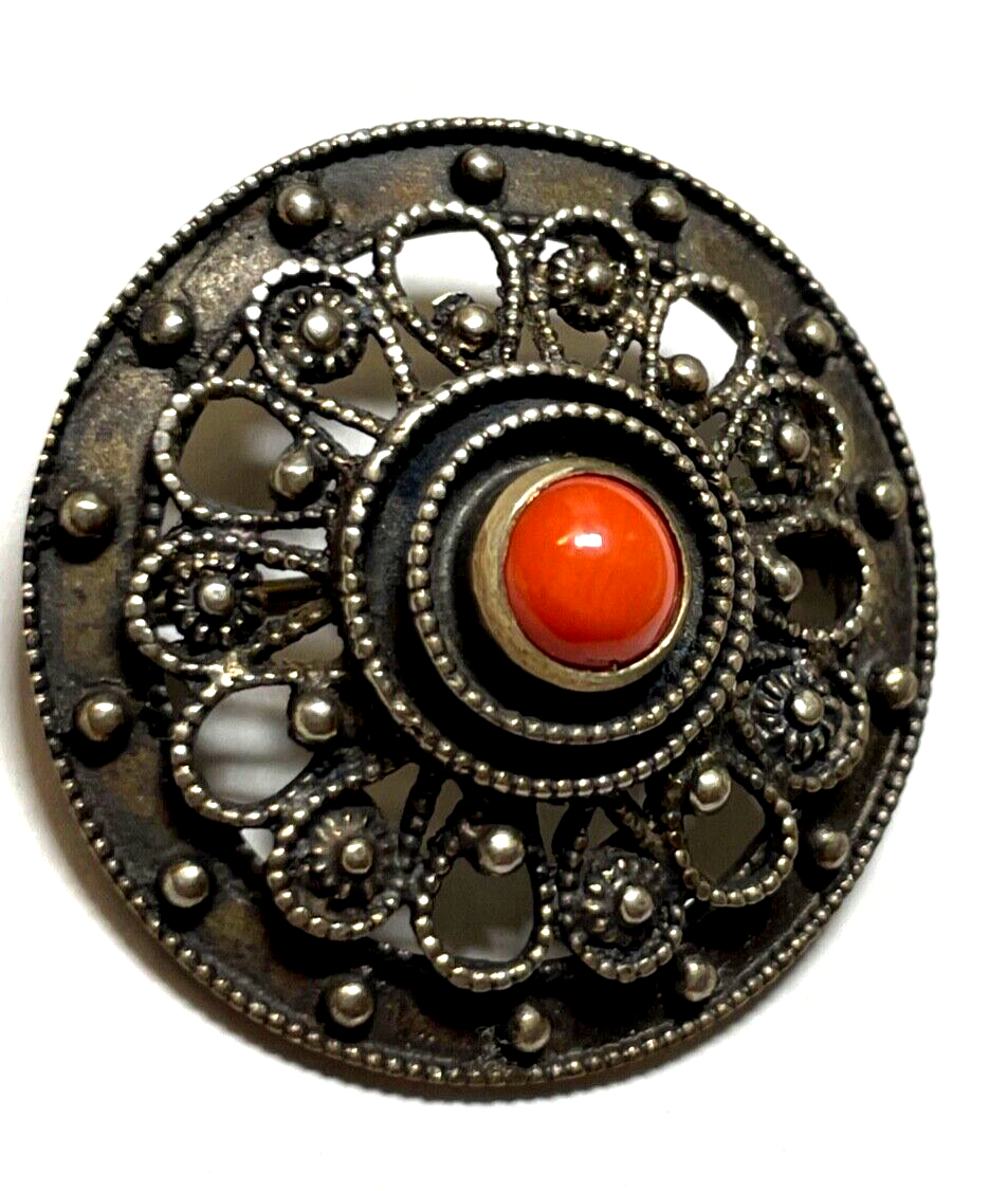 Antik 835 Silber Brosche Anstecknadel Koralle solide Handarbeit Ø 35 mm 30er J3