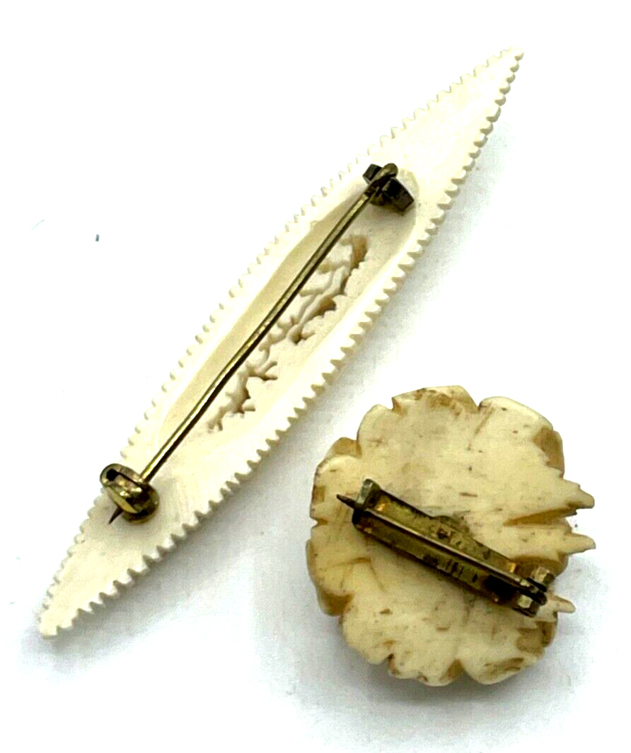 2 x antik Brosche Bein Anstecknadel handgeschnitzt no Ivory!!! Rose Stabbrosche3