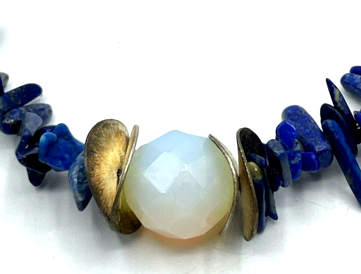 Attraktive Silber Design Kette Lapislazuli Stäbchen Opalinglas Kugel  L 48,5 cm8