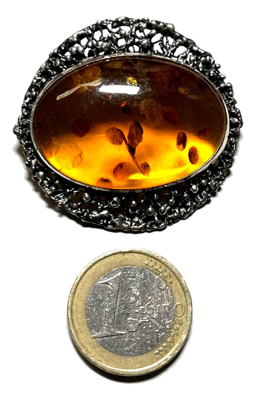 925 Silber Brosche Designer Anstecknadel / Anhänger Bernstein Cabochon Inklusen6