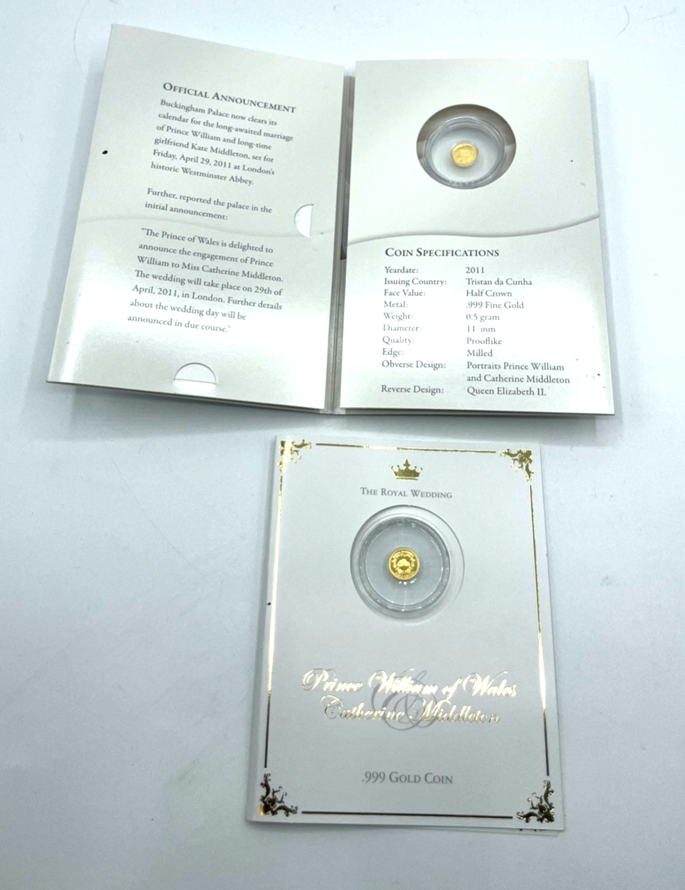 2x 0,5 Gramm 999 Gold Sammler Münze Royal Wedding Kate + William 2011 im Blister0