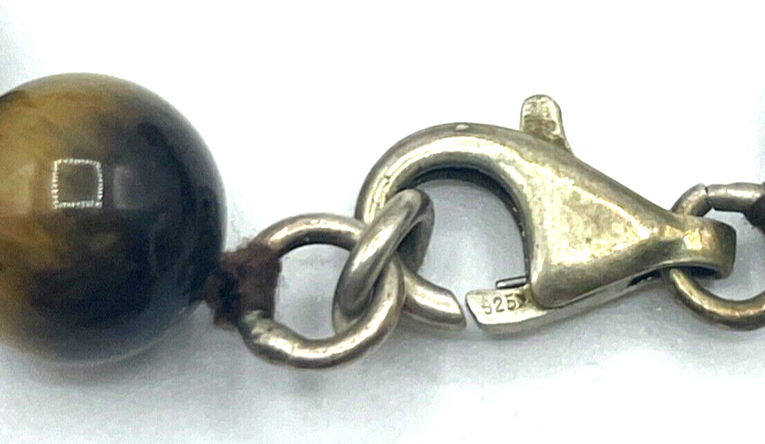 Vintage Tigerauge Kette Kugelkette mit 925 Silber Karabiner L 62 cm Ø 8 mm gepfl2