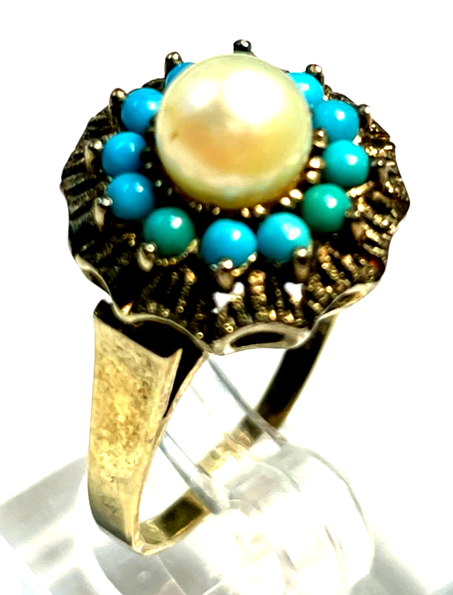 Vintage Design 333 Gold 8 K Ring Akoya Perle + Türkis Ø 18,4 mm RG 58 Juwelier3