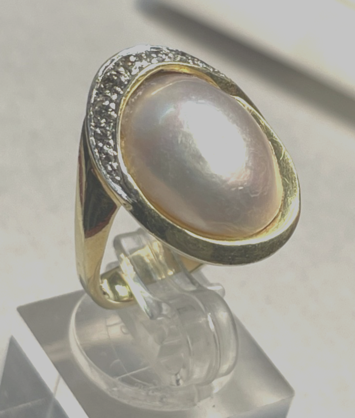 Eleganter 585 Gold 14 K Ring Tahiti Mabé Perle + 10 Diamanten Ø 17,5 mm RG 550