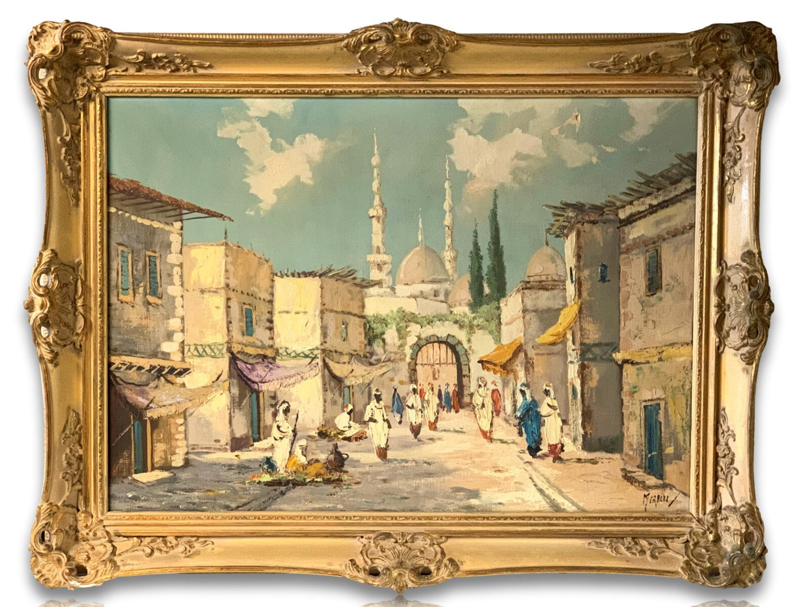 Öl auf Leinwand mit Barockrahmen - Nordafrika Straßenszene Tunis - sign. Mirelli0