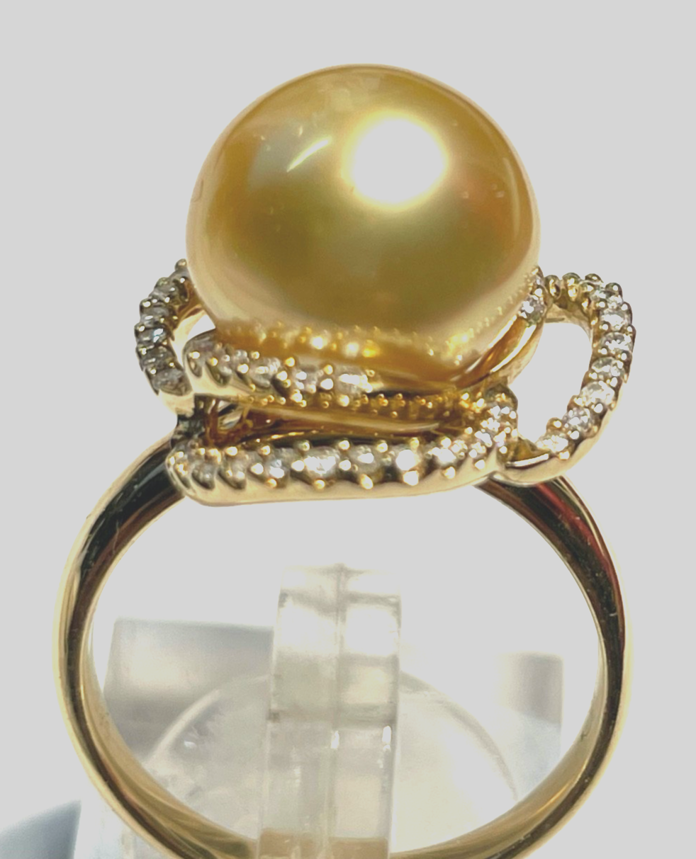Elegant 585 Gold 14 K Ring Tahiti Perle Ø 12mm 40 Pavé Diamanten Ø 17,5mm RG 554