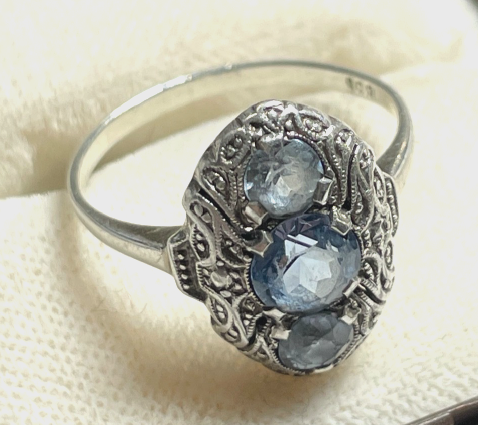 Antik 835 Silber Ring aquamarin farbig wasserblau Spinell 30erJ RG 55 Ø 17,5 mm5