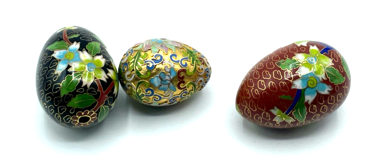 3 vintage Eier Cloisonne Emaille auf Messing floral Kunsthandwerk China gepflegt1