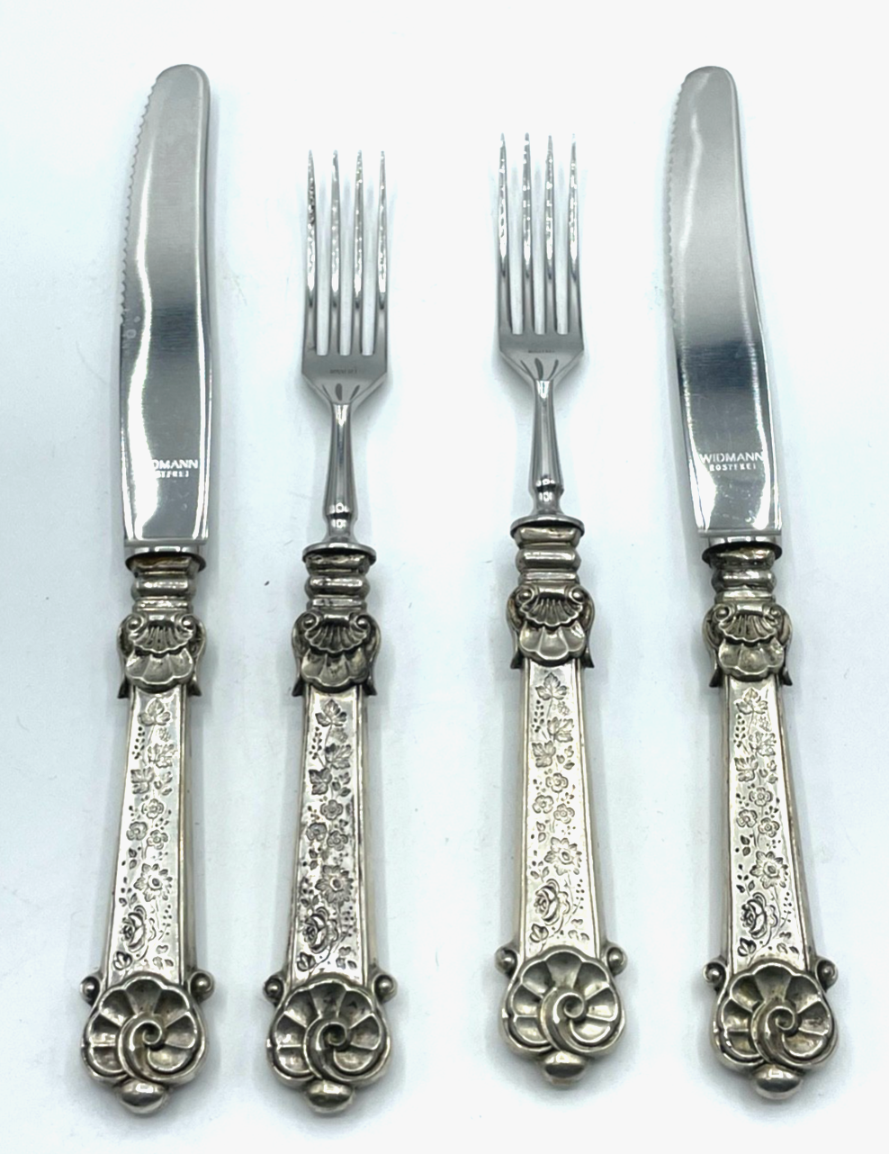 Antik 2 Gabel + 2 Messer mit Silber Griff wunderschönes Renaissance Dekor gepfl.6