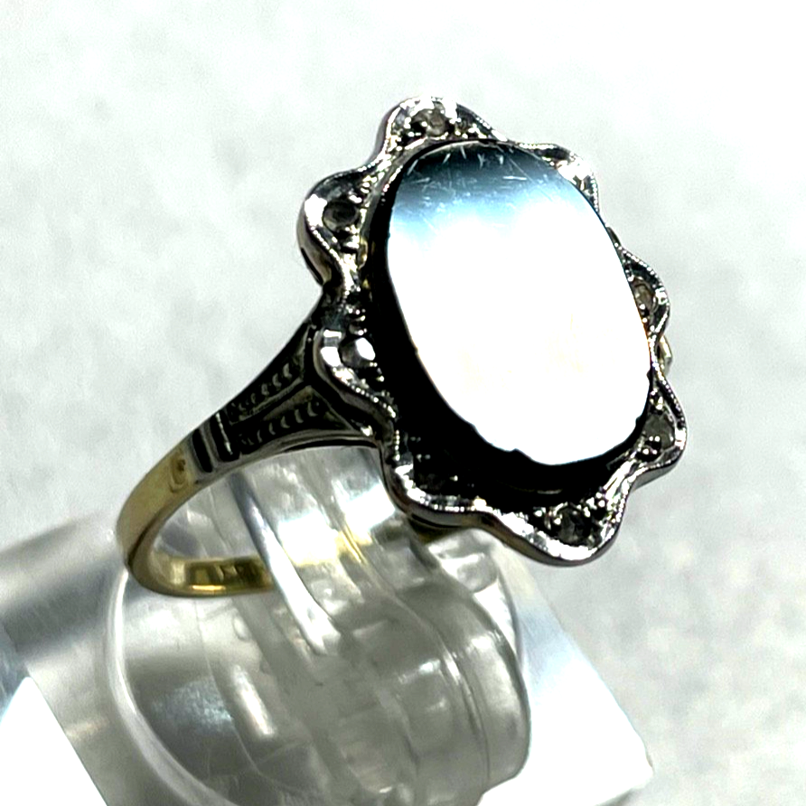 585 Gold 14 K Ring Bicolor orig. Art Deco Onyx Tafel + 8 Diamanten Ø 17,5 RG 554